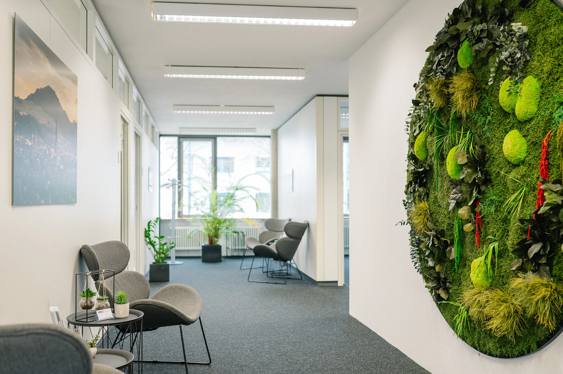 Moderner Empfangs- und Wartebereich mit Mooswand in der MBS GmbH Freiburg